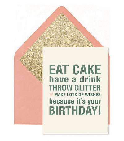 EAT CAKE THROW GLITTER GREETING CARD
