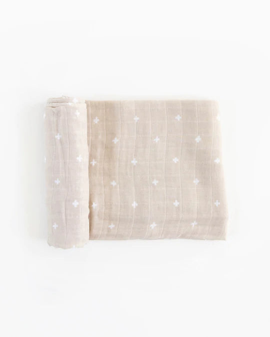 COTTON MUSLIN SWADDLE BLANKET - TAUPE CROSS