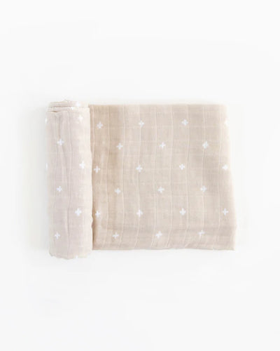 COTTON MUSLIN SWADDLE BLANKET - TAUPE CROSS